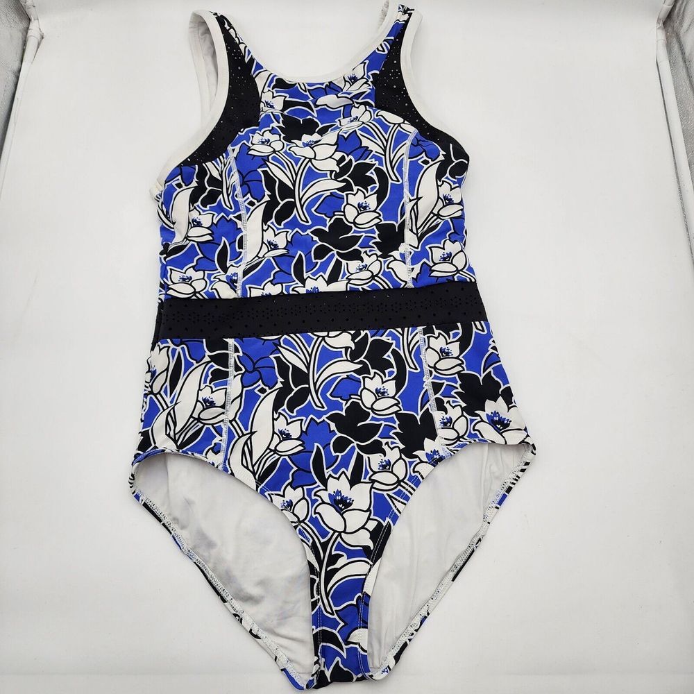 Anne Cole Swimsuit Womens 14 Blue White Black One Piece Swim Padded READ